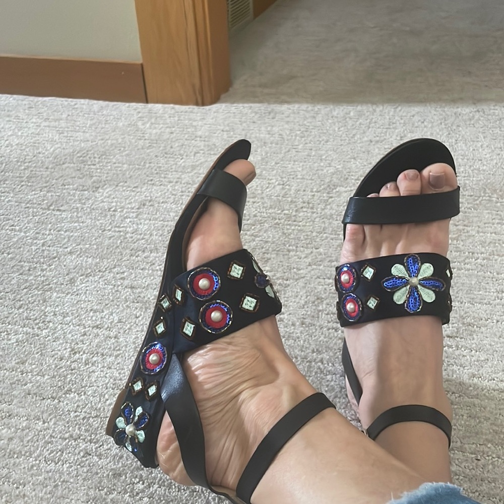 Tory Burch 7 Estella wedge sandals. Leather, satin, and gorgeous embellishments